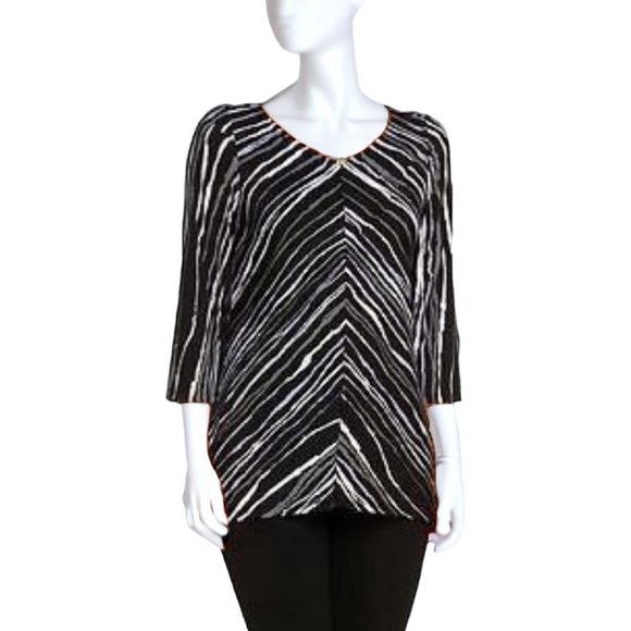 Bob Mackie Black Gray White V-Neck Wearable Art Striped Tunic Medium - Picture 1 of 6